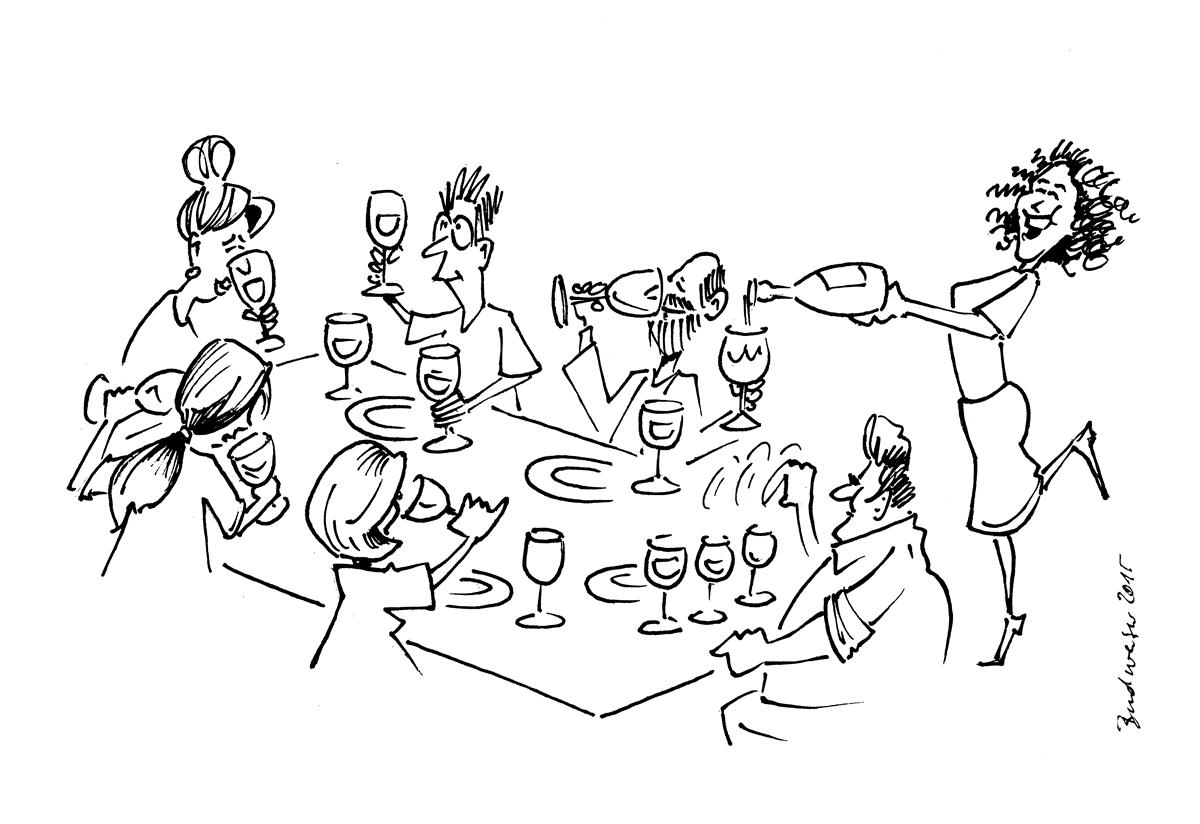 Karikatur: Essen sucht Wein im wein.laden.