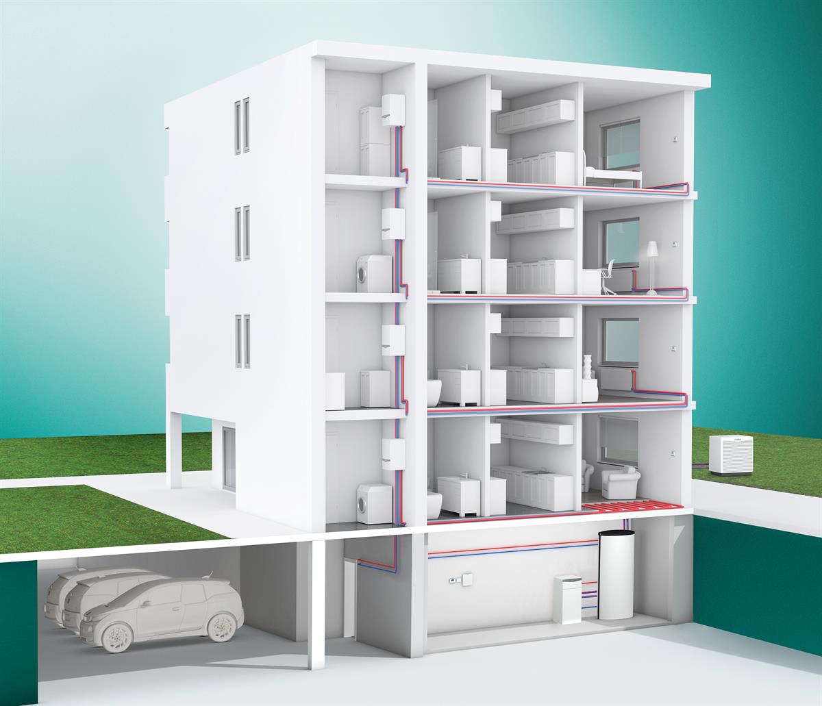 Installationsbeispiel - Die neuen geoTHERM mini werden in den Wohnungen installiert und von der bewährten kompakten Luft-Wärmepumpe im Außenbereich versorgt.
